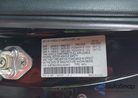 2016 Acura Rdx Acurawatch Plus Package from USA, damaged, VIN 5J8TB4H3XGL002443
